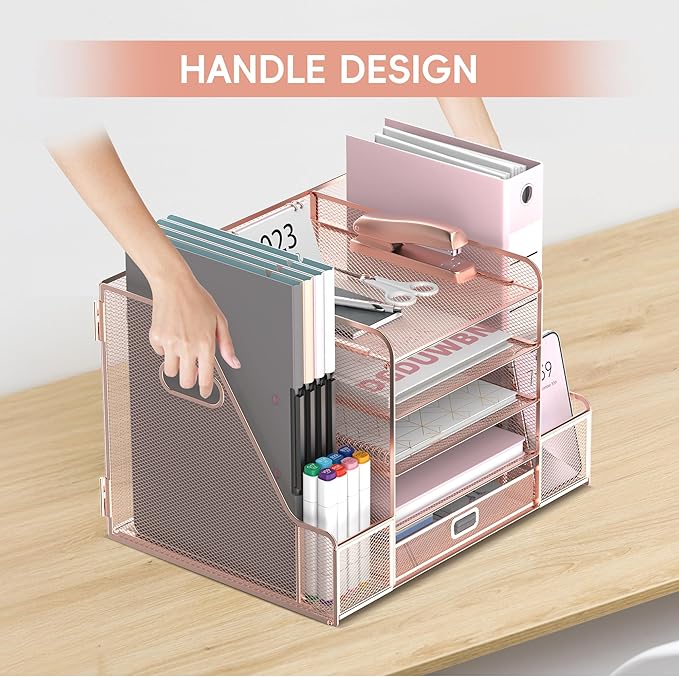 SUPEASY Mesh Desk Organizer with File Holder, 5-Tier Paper Letter Tray Organizer with Magazine Holder, Desktop Organizer and Storage with Drawer for Office Supplies Home or School, Rose Gold