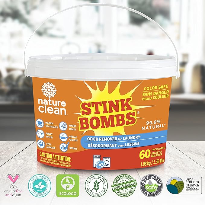 Nature Clean Stink Bombs, Natural Laundry Odor Eliminator for Clothes, Strong Odor Remover for Clothes with Pet, Sweat, Grease, Mildew & Sports Smell, Odor Remover Laundry Pods for Home Use, 60 Pods