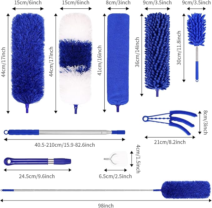 PHABLUS 10 PCS Dusters for Cleaning, Microfiber Duster with Extension Pole Up to 100'', Bendable Washable Cleaner Dusters for Ceiling Fans, High Ceiling, Furniture, Blinds