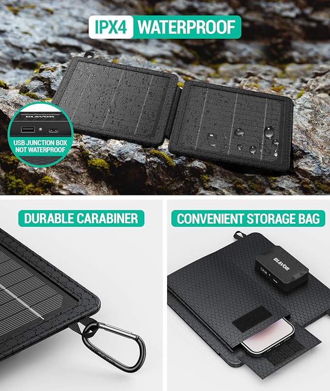 BLAVOR 10W Portable Solar Charger(5V/2A Max), Small Foldable Solar Panel with USB-C USB-A Outputs Compatible with Cell Phone Tablet, IPX4 Waterproof for Camping, Hiking, Backpacking