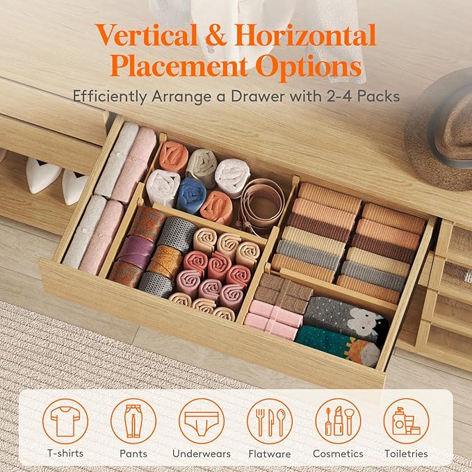 Lifewit 8 Pack Drawer Dividers Bamboo 4" High, 12-17" Adjustable Drawer Organizers for Clothes, Expandable Dresser Separators in Bedroom/Bathroom/Kitchen/Fridge/Office Organization and Storage