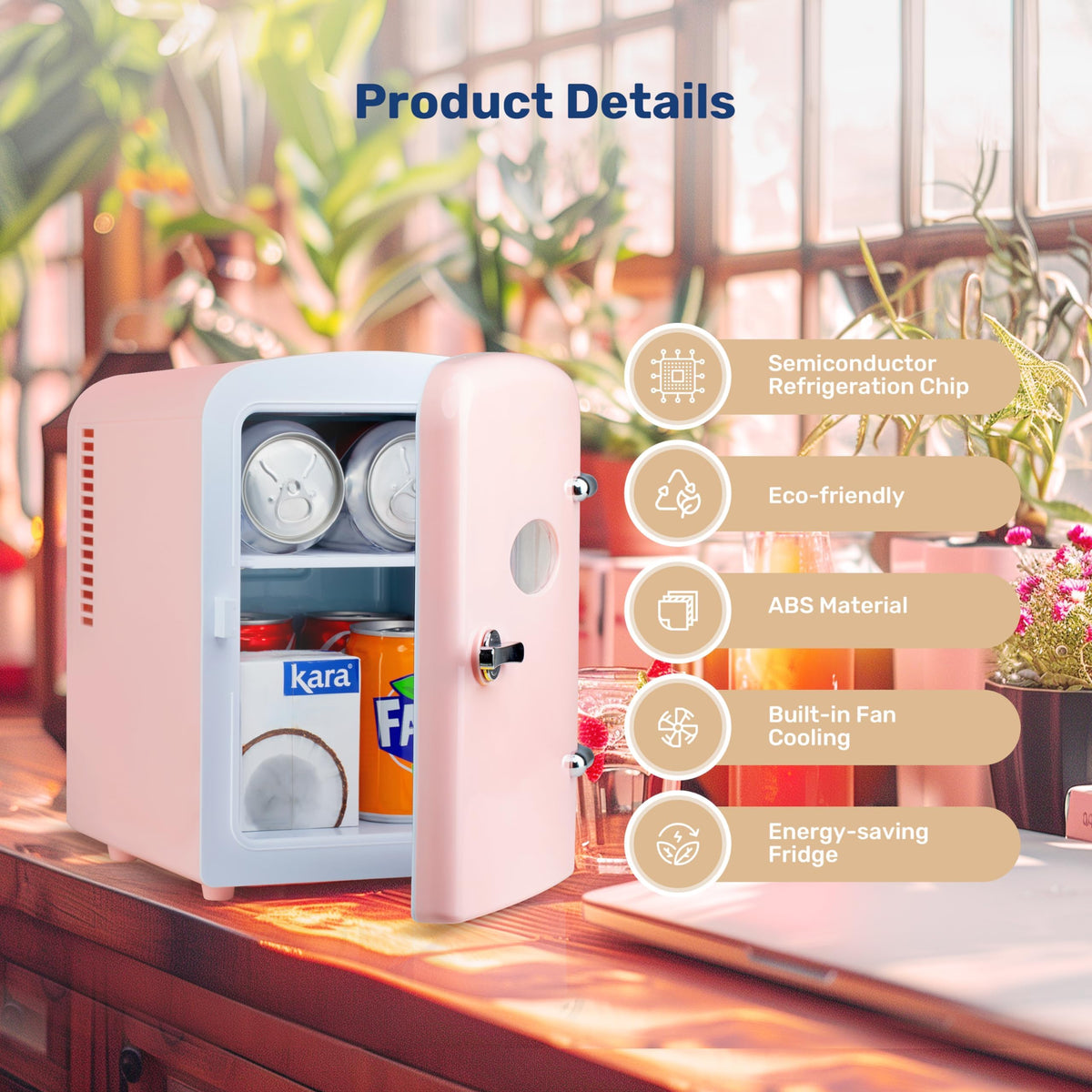 YSSOA 4L Mini Fridge with Observation Window, Portable Warmer & Cooler Six 12oz Cans Compact Refrigerator, 100% Eco Friendly and Freon-Free, Pink