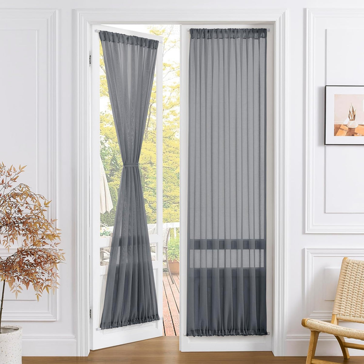 Tollpiz Sheer Door Curtains Closet Linen Textured Curtains Sheer Doorway Light Filtering Voile Rod French Door Pocket Curtain Patio Glass Door, 25 x 72 inches Long, Dark Grey, Set of 1 Panel