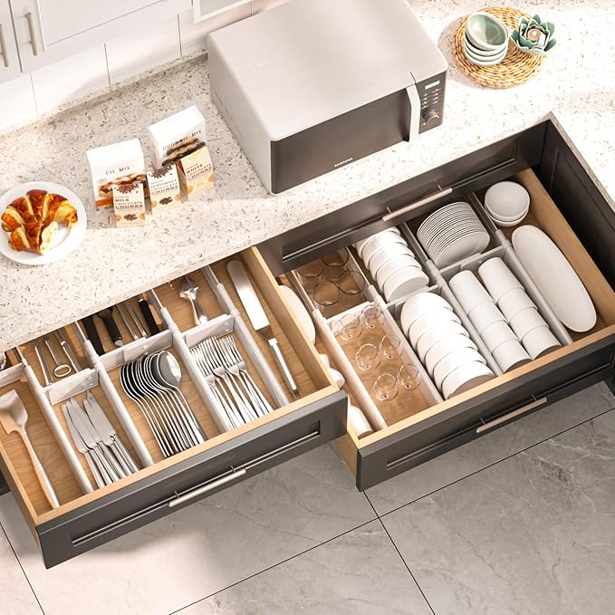 HiYZ Expandable Drawer Dividers with Inserts - Adjustable Drawer Organizers Separators for Kitchen, Bedroom, Dresser, Office, 8 Long Dividers(12.6-22.8 IN) with 16 Inserts(3.9-7.1 IN) - Gray