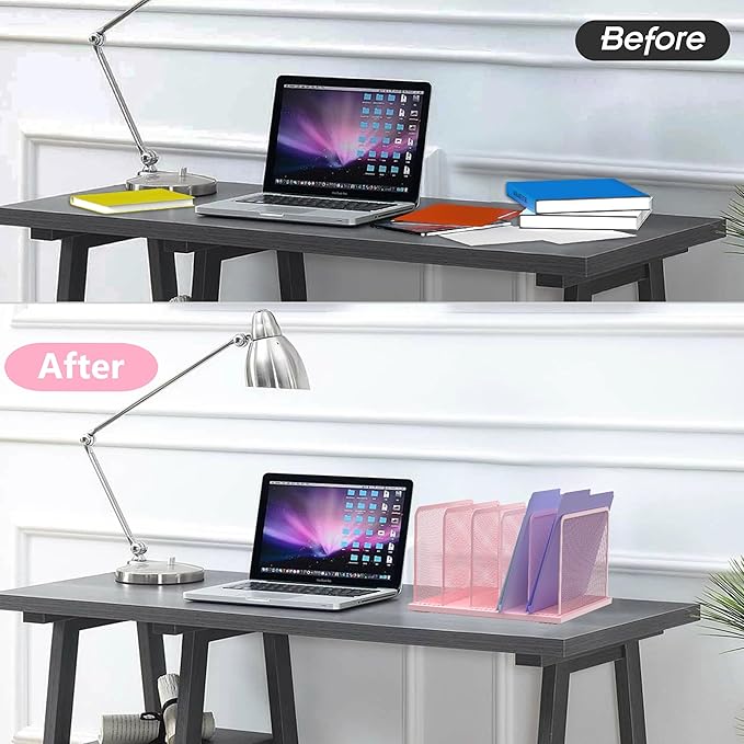Kuntine.B Desk File Organizer Upright Mesh Desktop Organizer File Sorter Office Organization File Holder for Home, Office & Classroom (Pink, 1 Pack 5-Section)