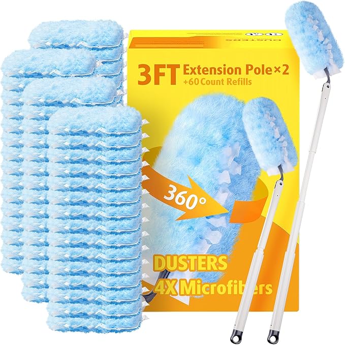 60 Count Heavy Duty Duster Refills with Two 3 ft Extendable Handle Starter Kit, Compatible with Swiffer Disposable Microfiber Feather Dusters for Cleaning Home