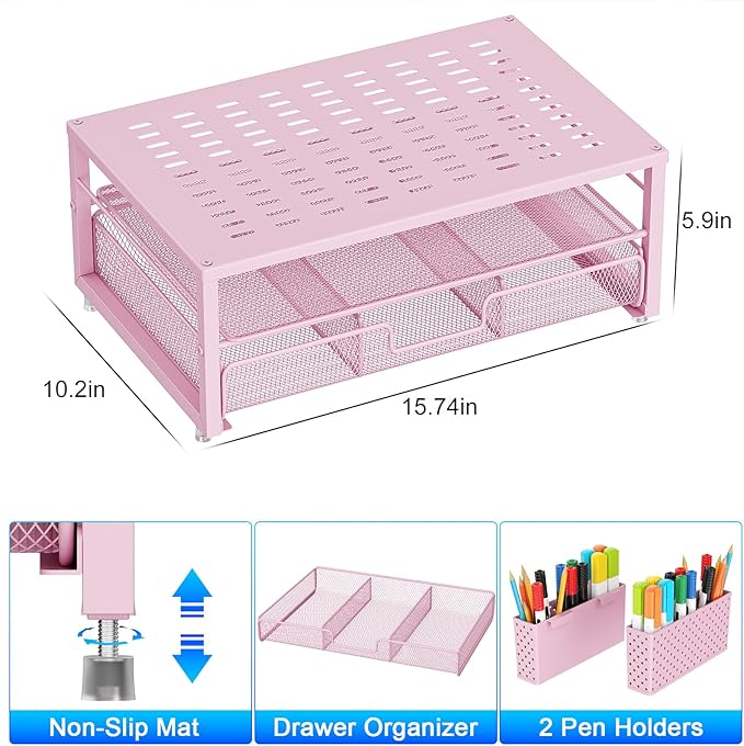 gianotter Desk Organizers and Accessories, Monitor Stand with Drawer and 2 Pen Holder, Desktop Organizer Suitable for Offices and Dormitories (Pink)
