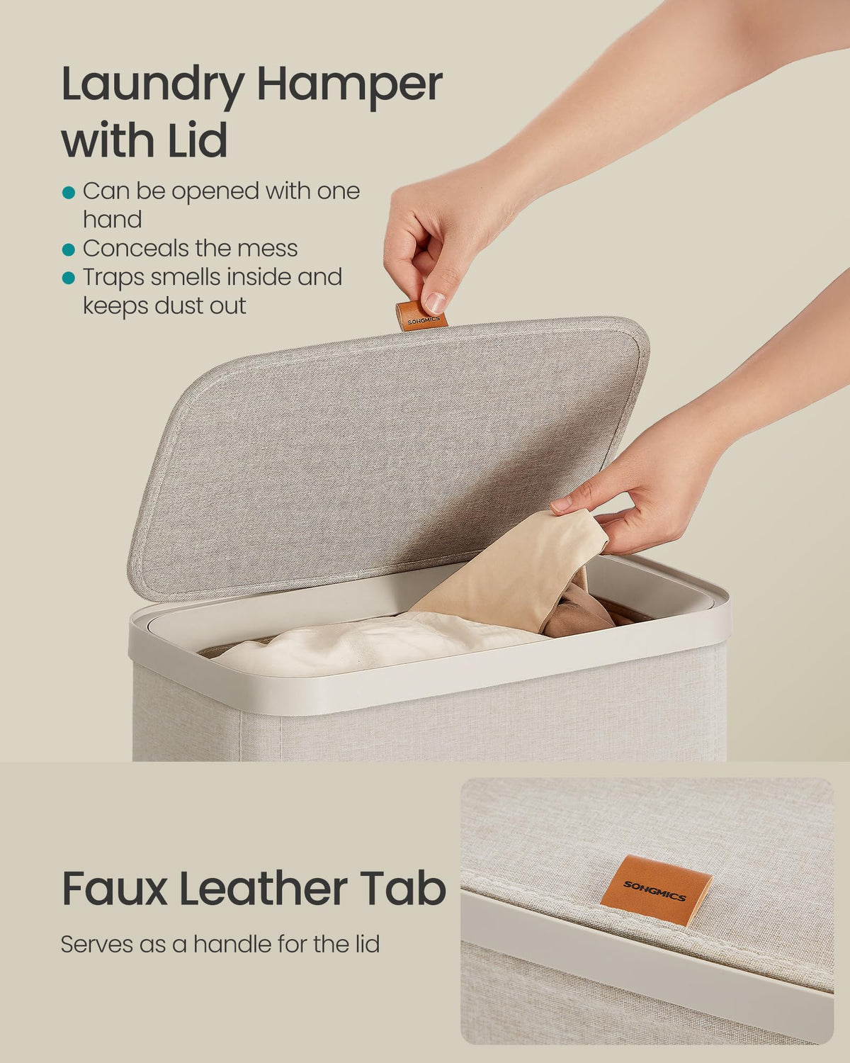 SONGMICS Laundry Basket, 17.2 Gal. Laundry Hamper, Easy Assembly, with Lid and Handles, Removable Liner, 15.4 x 8.7 x 29.5 Inches, Cappuccino Beige ULCB810LH01