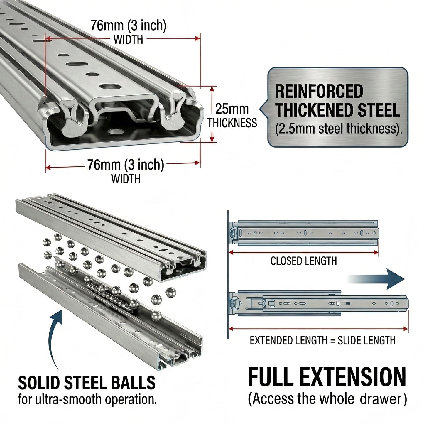 76MM Heavy Duty Drawer Slides, 500LB Capacity Full Extension Ball Bearing Industrial Drawer Slides 3 Section Drawer Tracks (44 INCH)