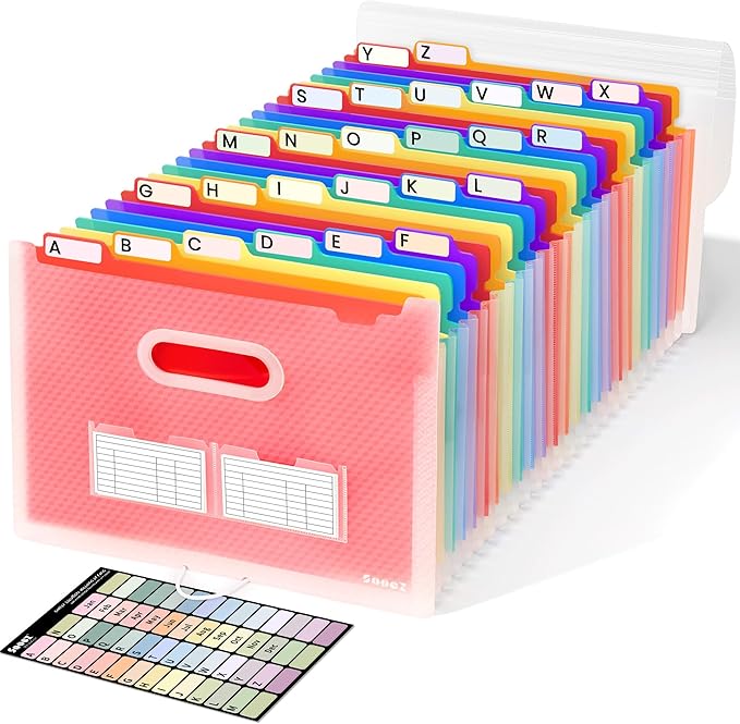 Sooez 26-Pocket Accordion File Organizer, Upgraded Expanding File Folder with Unobstructed A-Z Tabs, Premium Bill Tax Receipt Document Organizer Storage for Letter/A4 Size Paper, School Office & Home