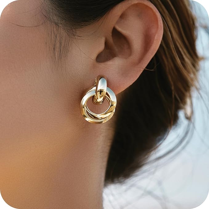 Chunky Statement Earrings for Women， Knot Link Circle Geometric Drop Dangle Earrings Studs， Trendy Jewelry