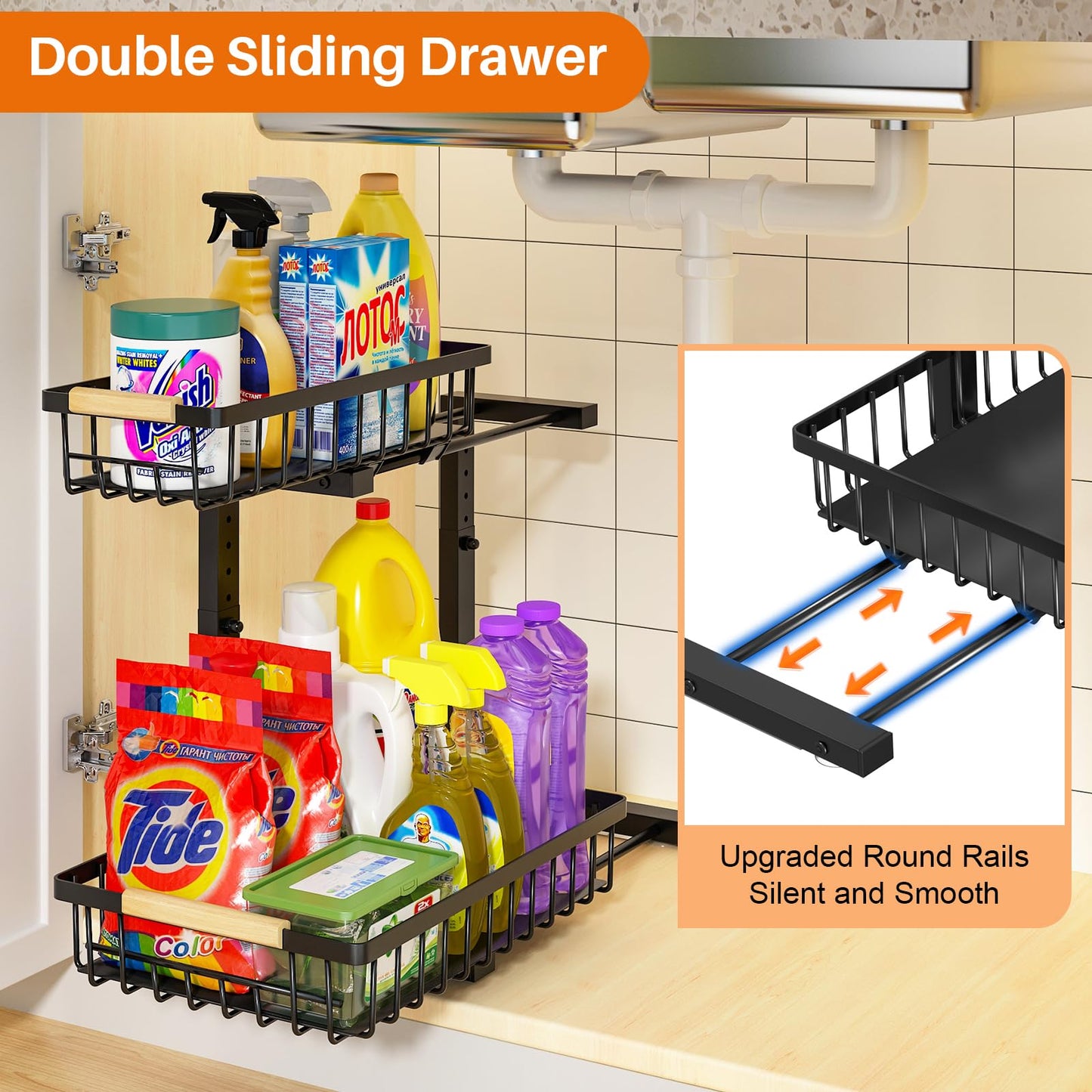 REALINN Under Sink Organizer, Height Adjustable 2 Tier Pull Out Cabinet Storage, L-Shaped Drawer Organizer for Kitchen Sink Organizer, Bathroom Organizers and Storage, Smooth Sliding Rails, Black