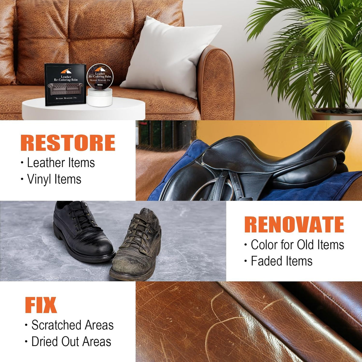 White Leather Repair Kit, White Leather Recoloring Balm, Leather Dye - Restore & Renew Scratch, Faded and Aged Leather & Vinyl Couches, Boots, Car Seats or Leather Furniture…