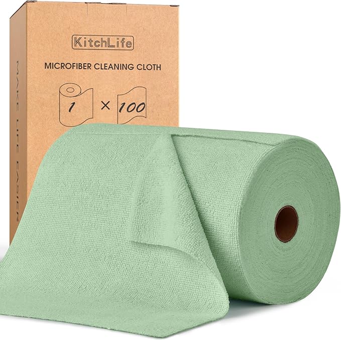 KitchLife Microfiber Cleaning Cloth Roll, 100 Pack - Tear-Away Microfiber Paper Towels, Lint-Free, Reusable, Washable for Kitchen, Car, Dishes, and Sensitive Surfaces (Bean Green)