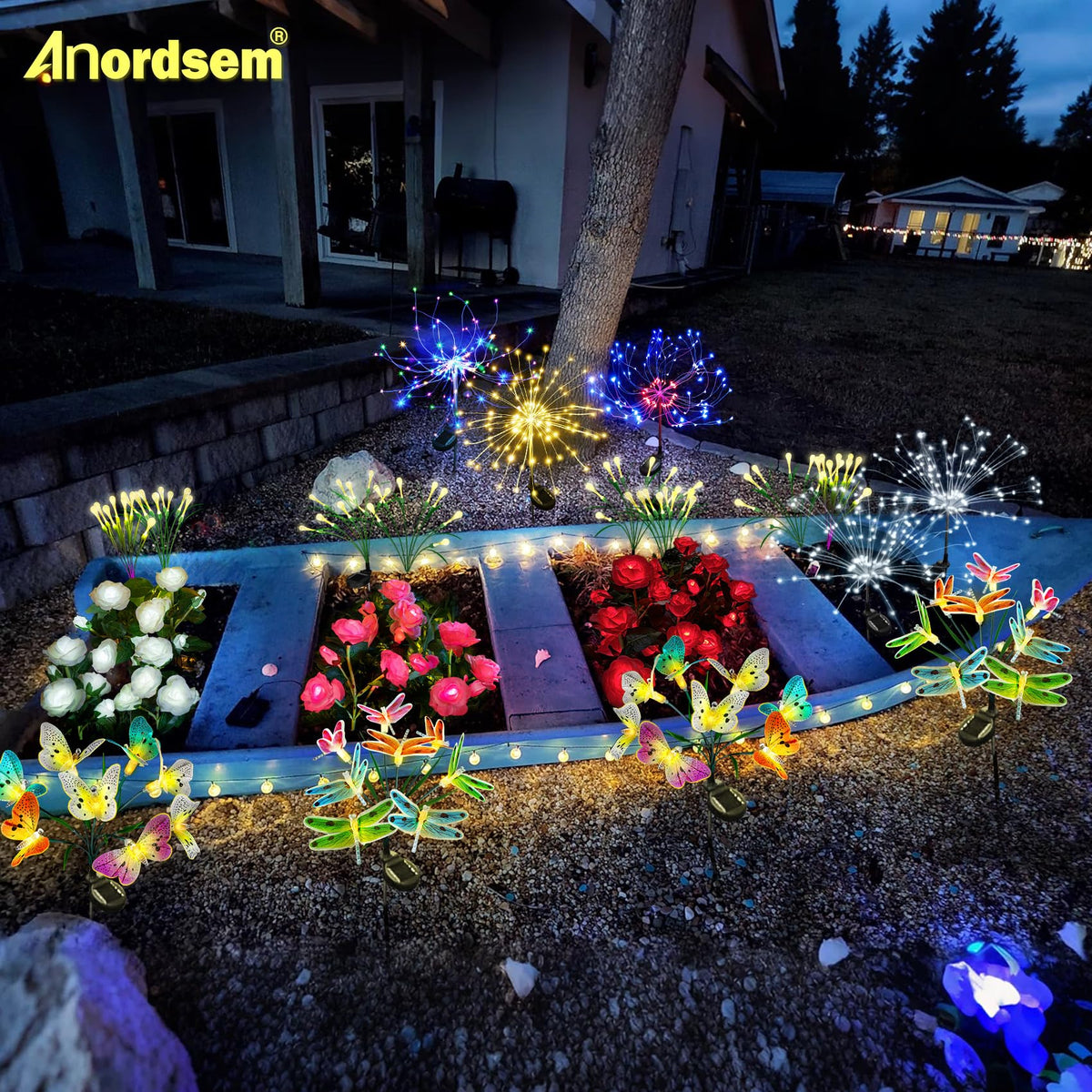 Anordsem Solar Garden Lights Outdoor: Bendable Copper Wire with 120 LED Firework Beads - Waterproof DIY Warm Decorating for Yard Patio Path - Gardening Gifts for Homeowner Gardener