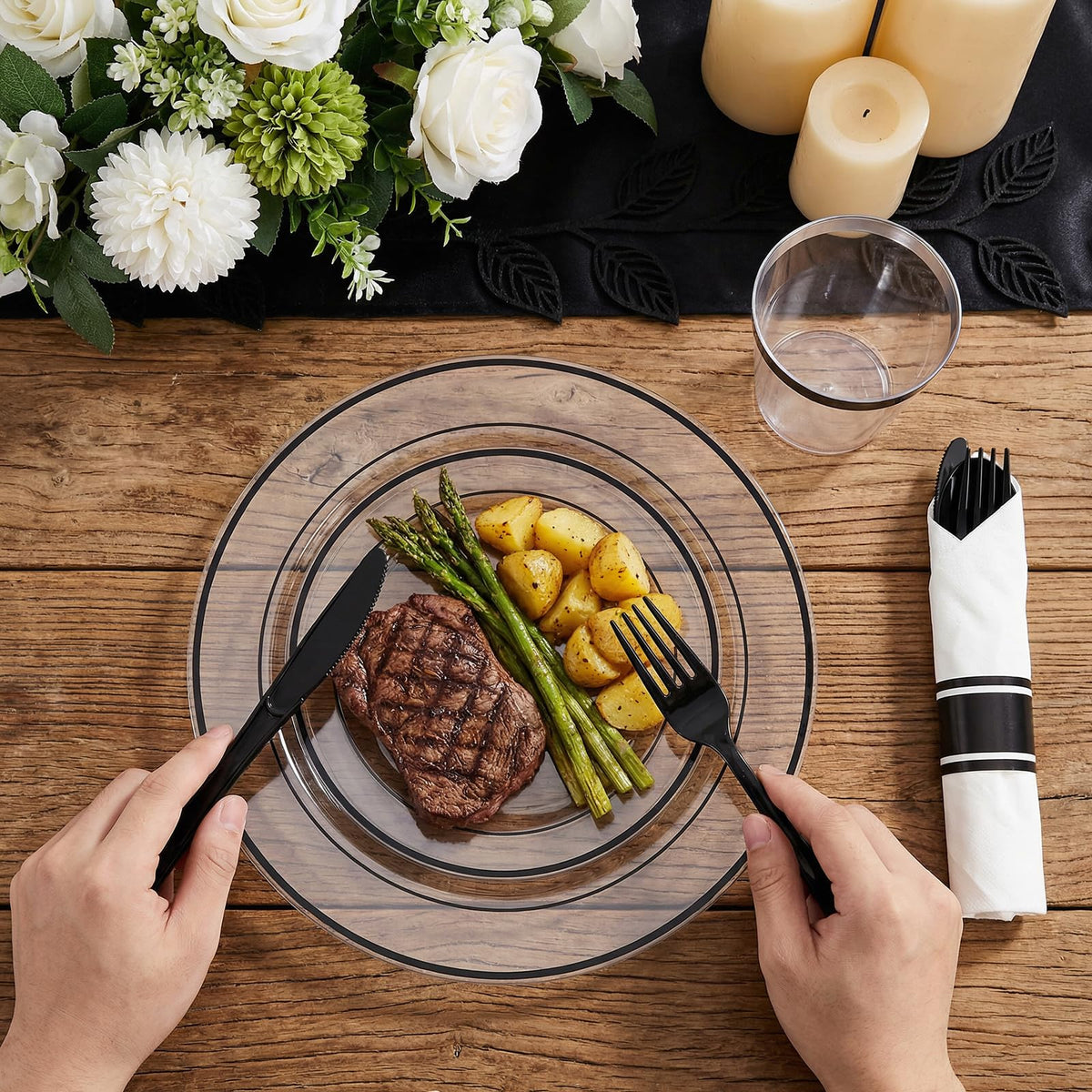 I00000 350 Pcs Black Plastic Dinnerware Set for 50 Guests Include: 50 Dinner Plates, 50 Dessert Plates, 50 Pre Rolled Napkins with Cutlery Set, 50 Cups for Birthday, Wedding Party Graduation