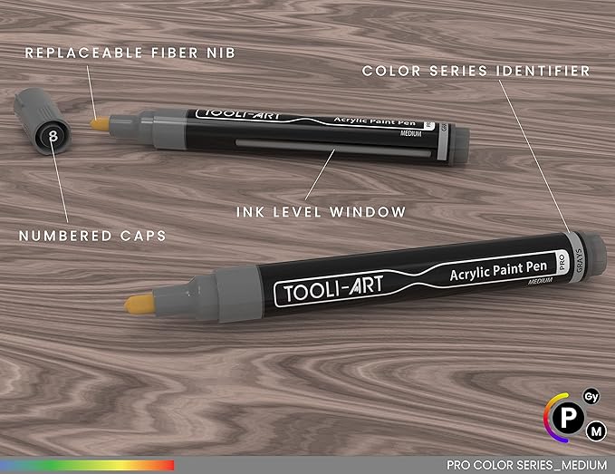 TOOLI-ART 22 Acrylic Paint Markers Paint Pens Pro Color Series Set 3mm Medium Tip for Rock Painting, Glass, Mugs, Wood, Metal, Glass Paint, Canvas, DIY. Non Toxic, Waterbased, Quick Drying (GRAYS)