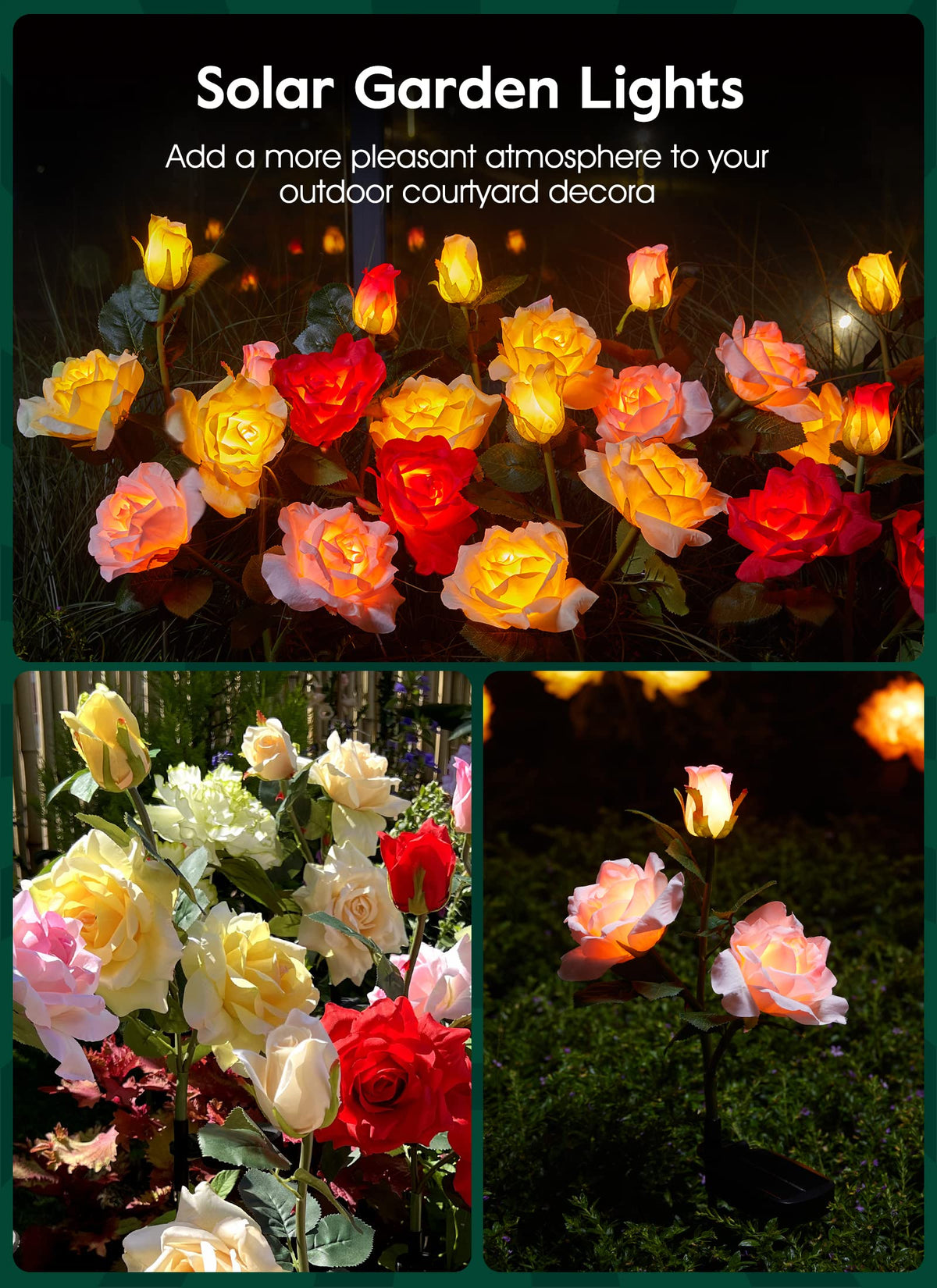 Garden 4 Pack LED Solar Flower Lights with Larger & More Realistic Rose Flowers, Bigger Solar Panel, Waterproof Solar Outdoor Lights for Yard Patio Lawn Pathway Walkway Decoration