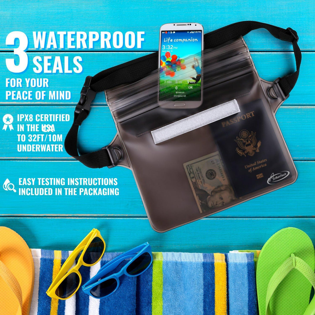 AiRunTech Waterproof Fanny Pack,Waterproof Pouch for Phone Passport Wallet Purse with Waist Strap,Floating Waterproof Bags for Travel Beach Swimming Kayaking Boating Pool Accessories