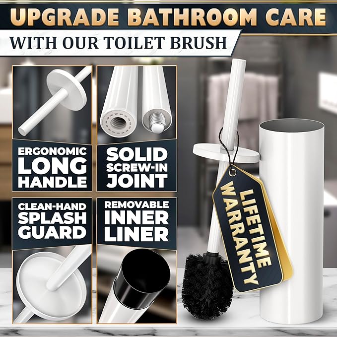 Stainless Steel Toilet Brush and Holder Set White - Long Handle Toilet Bowl Cleaner Brush and Holder - Removable Inner Liner, Shiny Design, Splash Protection & Dense Bristles for Bathroom Cleaning