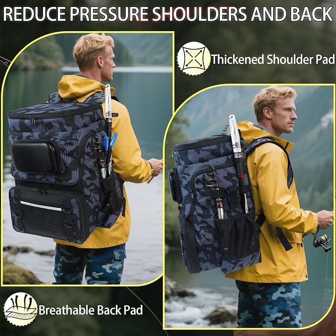 Fishing Backpack with Rod Holder X-Large 60L Tackle Gears Bag with Cooler for Storage Tackle Box and Fishing Accessories Stuff, Fish Gifts for Men Woman-Black Camo