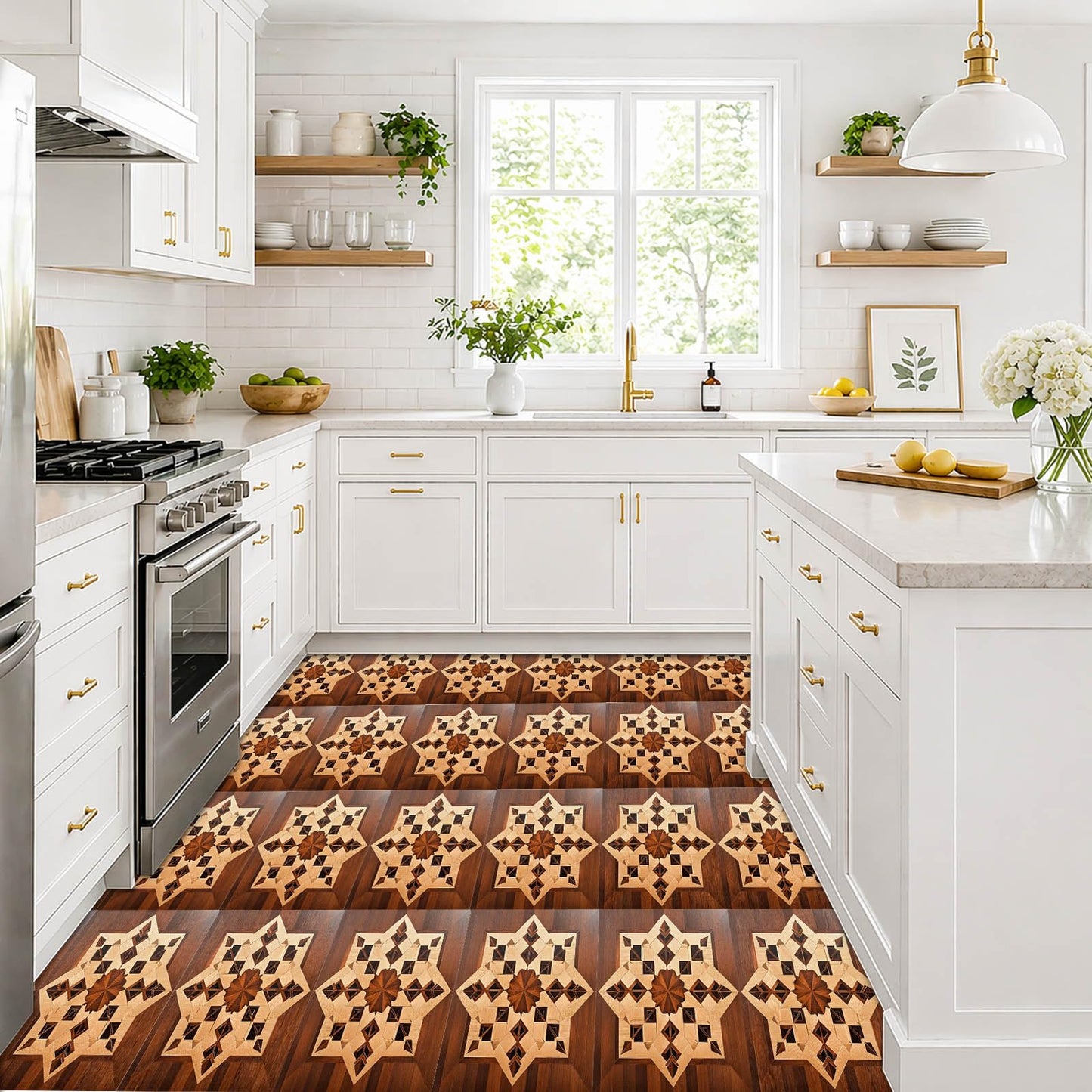IVN 10 Piece Peel and Stick Floor Tile 12 X 12 Inch PVC Vinyl Flooring Removable No Sticky Residue Decal for Bathroom Kitchen Fireplace Stairs Brown Wood Geometric Pattern