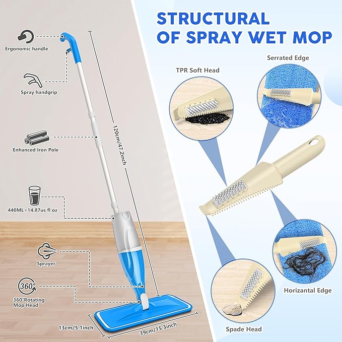 Spray Mop for Hardwood Floors Cleaning: Microfiber Wet Dry Floor Mops with 4 Washable Pads for Swiffer PowerMop - Flat Mop with Sprayer for Kitchen Tile Wood Laminate Vinyl