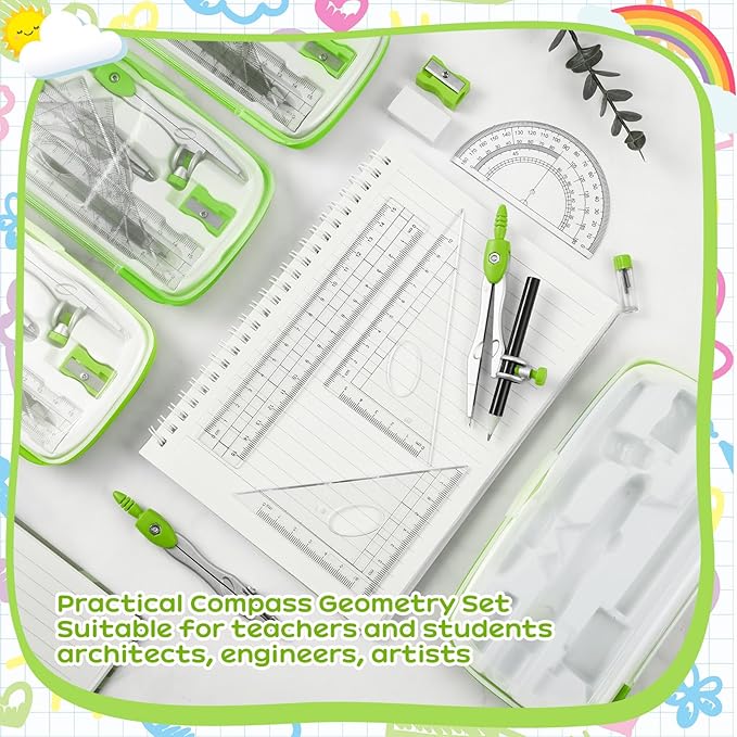 Teling 12 Sets Math Geometry Kit for Students 10 Pcs Compass Geometry Tools Set Includes Rulers Protractor Compass Eraser Pencil Sharpener Lead Refills Pencil (Green)
