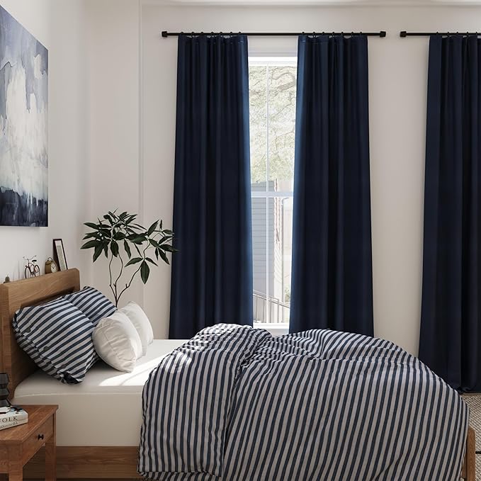 Navy Blue Linen Blackout Curtains 132 inch Length Back Tab Rod Pocket Thermal Insulated Textured Living Room Blackout Curtains 2 Panels Set 52x132