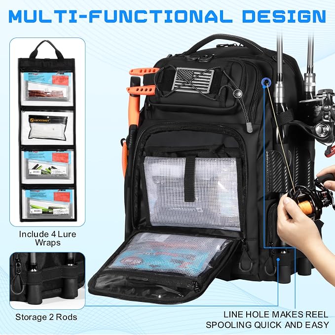 50L Fishing Tackle Backpack with Removable Lure Wraps,2 Rod Holders Storage Fishing Gear and Equipment
