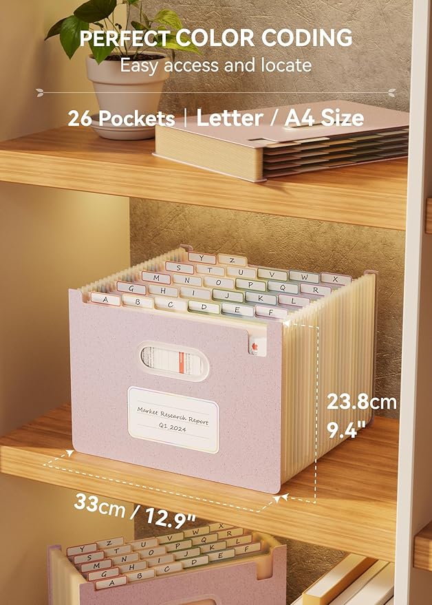 Accordion File Organizer, 26 Pockets Wheat Straw Expanding File Folders, Upright&Open Top, A-Z Bill Receipt Organizer, 100% BPA Free, Return to Nature, Healthy Living, Letter/A4 Size-Lavender Purple