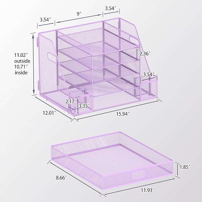 SUPEASY Mesh Desk Organizer with File Holder, 5-Tier Paper Letter Tray Organizer with Magazine Holder, Desktop Organizer and Storage with Drawer for Office Supplies Home or School, Purple