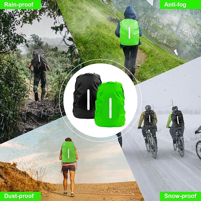 LAMA 2 Pack Waterproof Rain Cover for Backpack, Reflective Rucksack Rain Cover for Anti-Dust/Anti-Theft/Bicycling/Hiking/Camping/Traveling, L Size (for 45L-55L Backpack), 1 Pcs Black + 1 Pcs Green