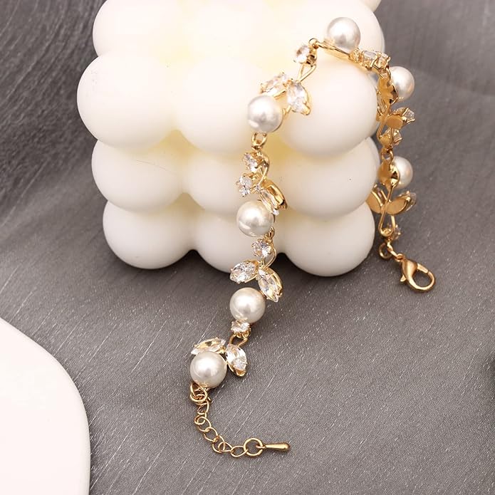 Luxury Cubic Zirconia Aurtrian Crystal Pearl Floral Necklace Dangle Earrings Wedding Bridal Jewelry Set Birthday Gifts for Her