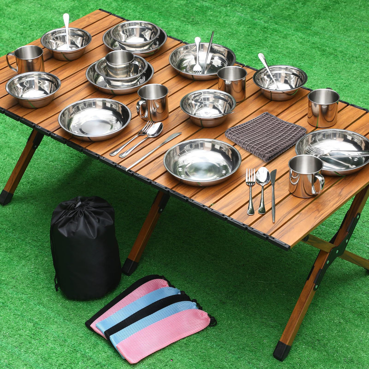 Lallisa 16 Pcs Outdoor Camping Cookware Mess Kit Polished Stainless Steel Dishes Camping Utensils Portable Tableware with Plates Cups Spoons Forks Knives Mesh Bag for Backpacking Hiking