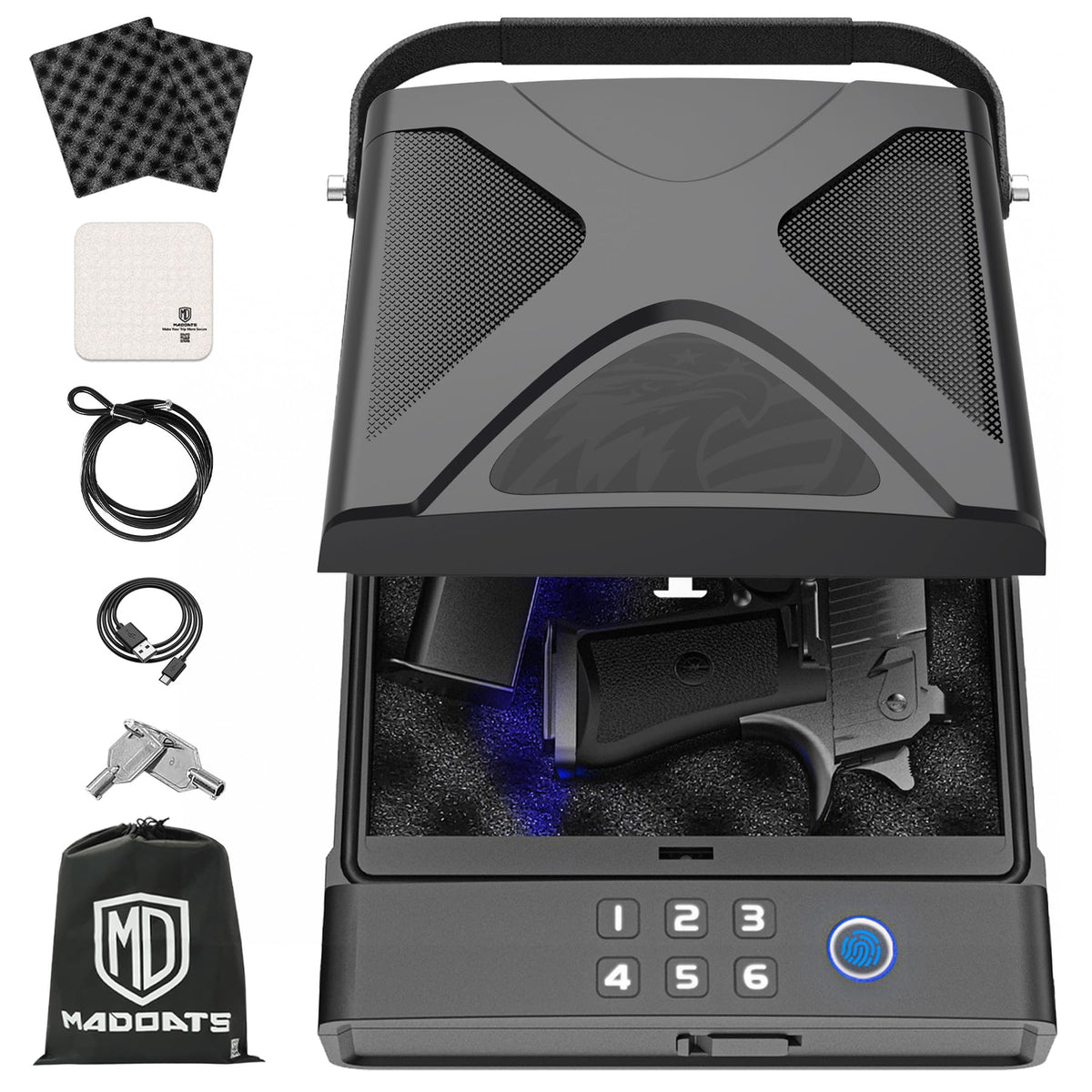MD MADOATS Car Gun Safe, Portable Biometric Safes for Pistols with Cable, Fingerprint & Keypad & Key Access Handgun Lock Box for Vehicle Travel Home (Eagle Logo)