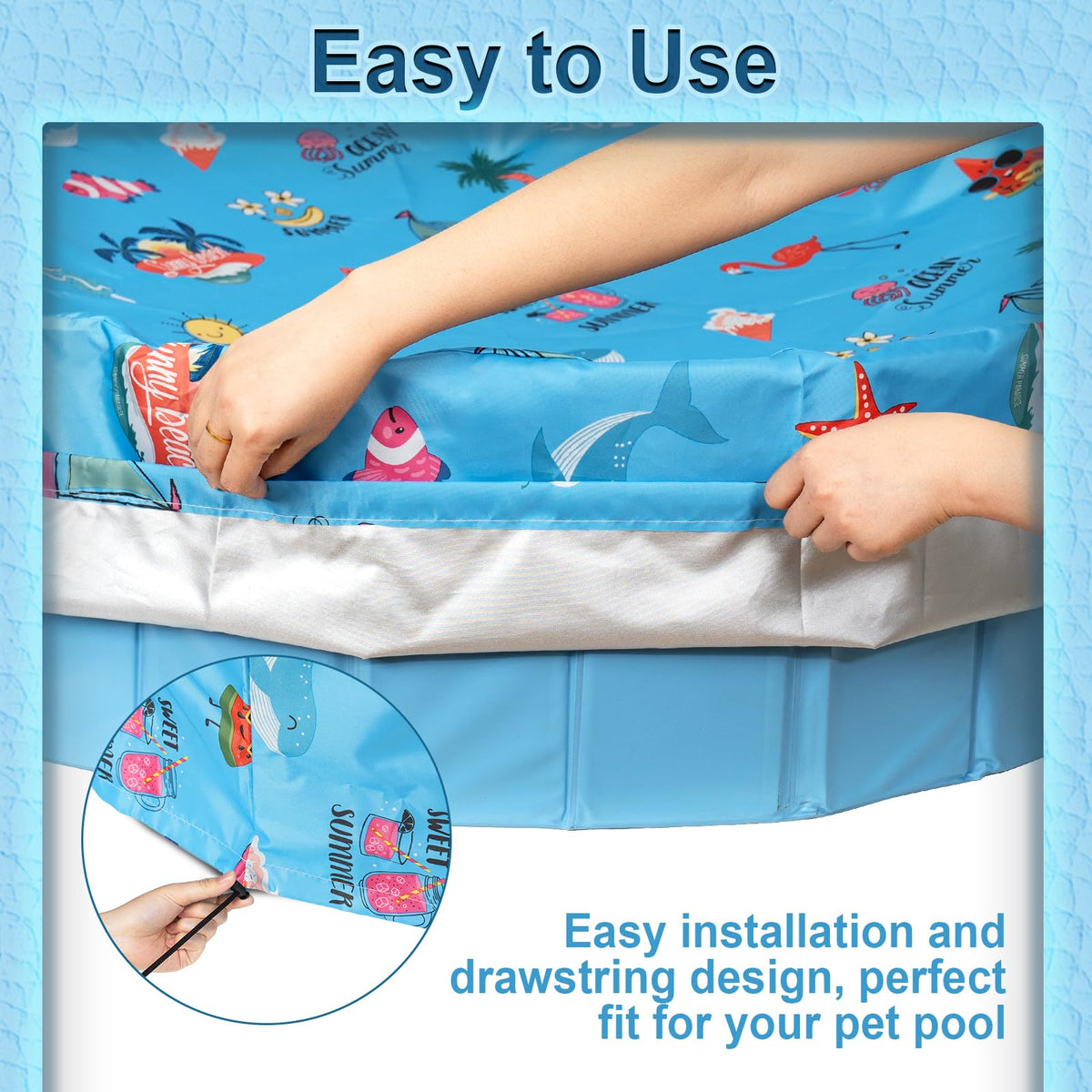 Docuwee Round Dog Pool Cover 71", Foldable Kiddie Solar Cover Fit Dog Collapsible Swimming Pool, Pets Kids Bath Tub, Anti-UV Dustproof Safety Pool Covers, Summer Beach Patterns