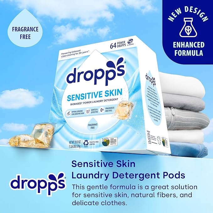 Dropps Sensitive Skin Laundry Detergent Pods, Unscented (64 Count) - Dermatologist Tested Laundry Pods - HE Compatible Laundry Supplies for Clean Clothes, Vegan & Dye-Free