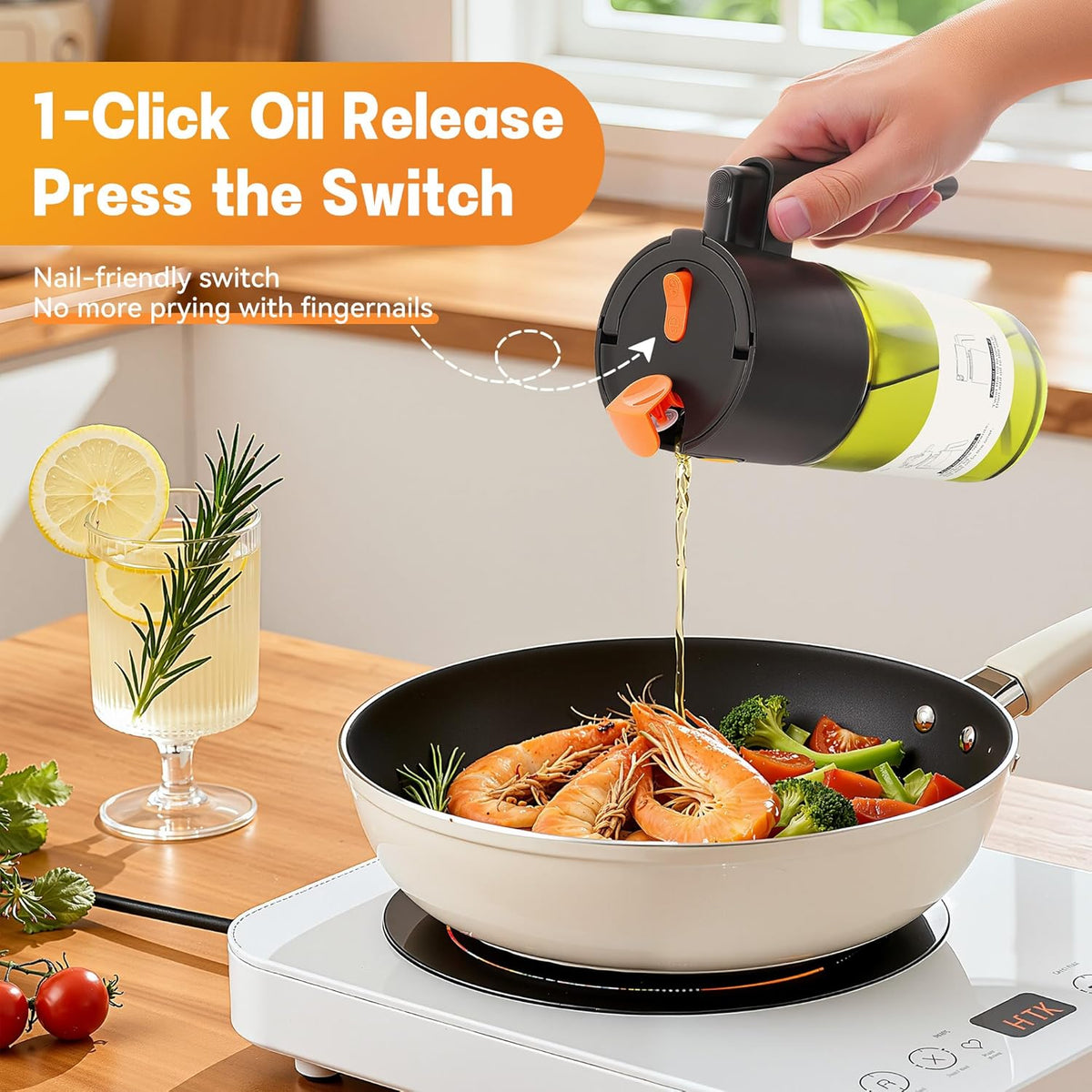 Upgrade 2 in 1 Oil Sprayer for Cooking, 17oz Light-Blocking Glass Olive Oil Dispenser Bottle for Kitchen,Food-Grade Oil Mister with 8 Stickers for Salad, Frying (Green Bottle-Black Cap)
