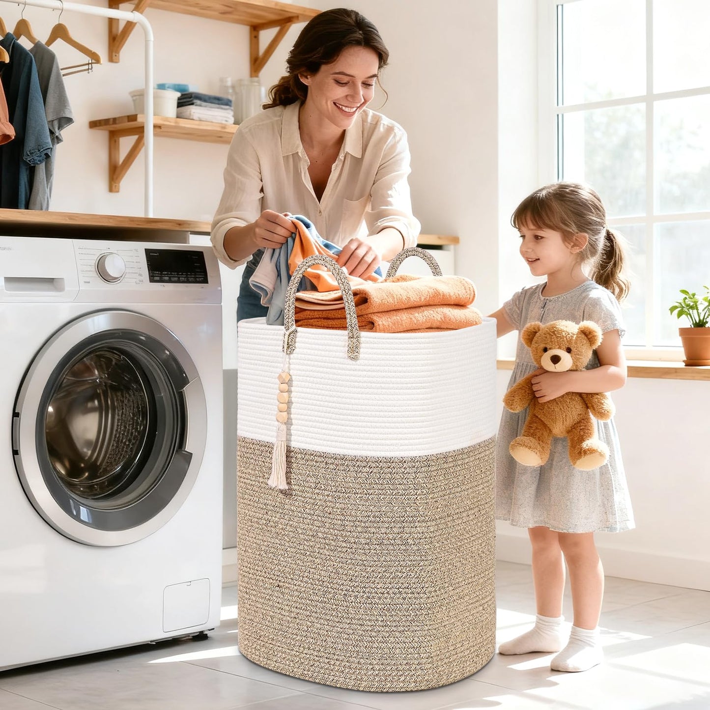 65L Woven Laundry Basket for Clothes, Large Rectangle Laundry Hampers with Beads Tassel, Nursery Storage Basket for Toys, Tall Dirty Clothes Hamper for Bedroom Aesthetic, Laundry Room Organization