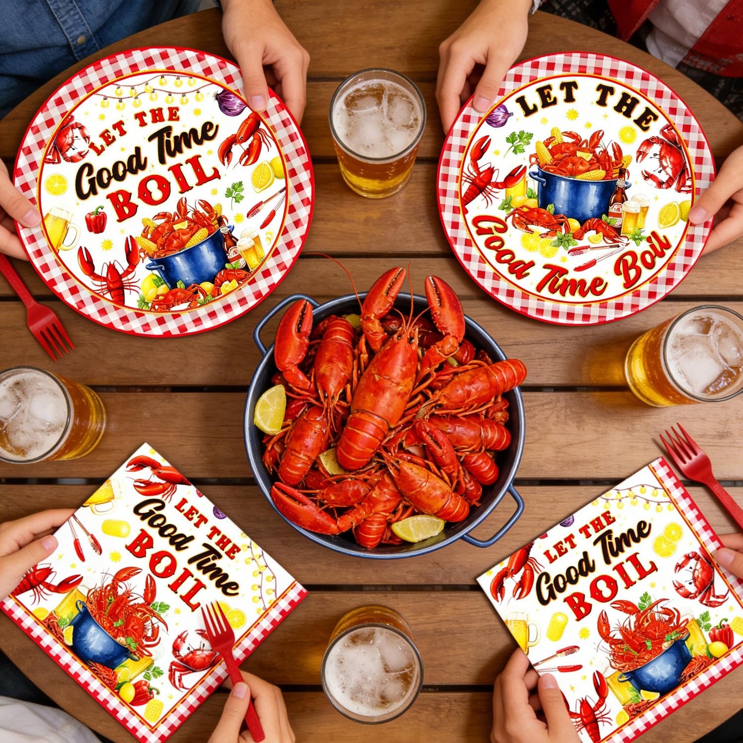 Gameza Seafood Boil Party Supplies - 96PCS Seafood Boil Party Plates and Napkins Forks Tableware Disposable Set, Crawfish Crab Shrimp Summer Birthday Decor Supplies, Serve 24
