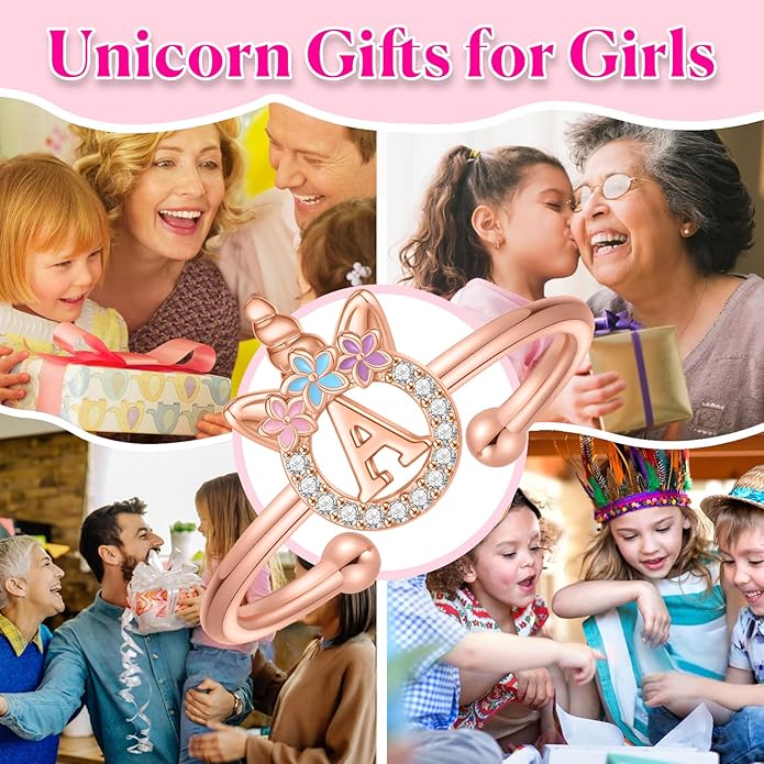 Unicorn Rings Gifts for Girls - Adjustable Initial Ring Dainty Cute Unicorn Rings for Girl Teens Little Girls Jewelry Birthday Gift