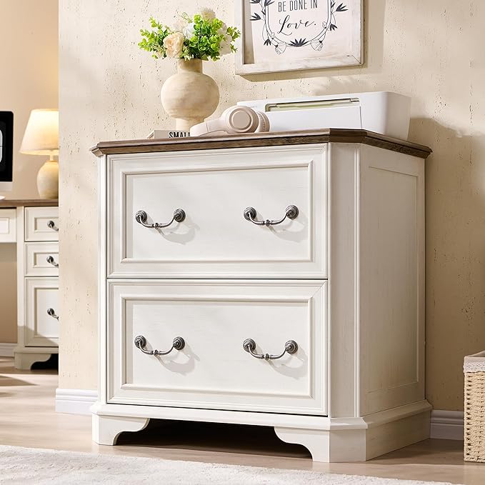 T4TREAM 2 Drawer File Cabinet-30 Wide Wooden Extended Desktop, Farmhouse Filing Cabinet with Smooth Rails, Holds Letter/Legal/A4, Hexagonal Design & Framed Drawer Fronts, Antique White