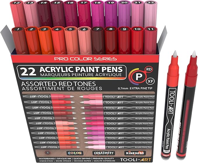 Acrylic Paint Pens 22 Red & Pink Tones Assorted Pro Color Series Markers Set 0.7mm Extra Fine Tip for Rock Painting, Glass, Mugs, Wood, Metal, Canvas, Projects, Non Toxic, Waterbased, Quick Drying