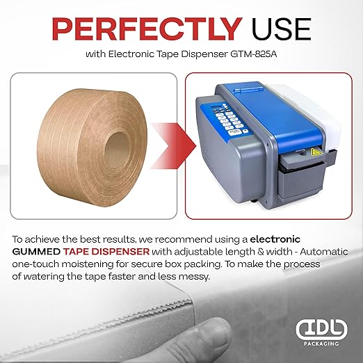 IDL Packaging 3" x 375 feet Reinforced Water-Activated Kraft Gummed Tape 70lb Thickness - Secure Paper Packing Tape for Secure Carton Sealing - Heavy-Duty for All Conditions, Brown