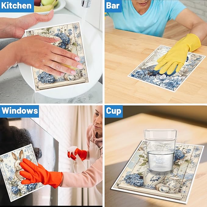 Vintage Swedish Dishcloths for Kitchen, 6PCS Flower Blue Peacock Swedish Dish Cloths Gift Set, Reusable Absorbent Cellulose Sponge Dish Towel for Home Cleaning(7.8 X 7 Inches)