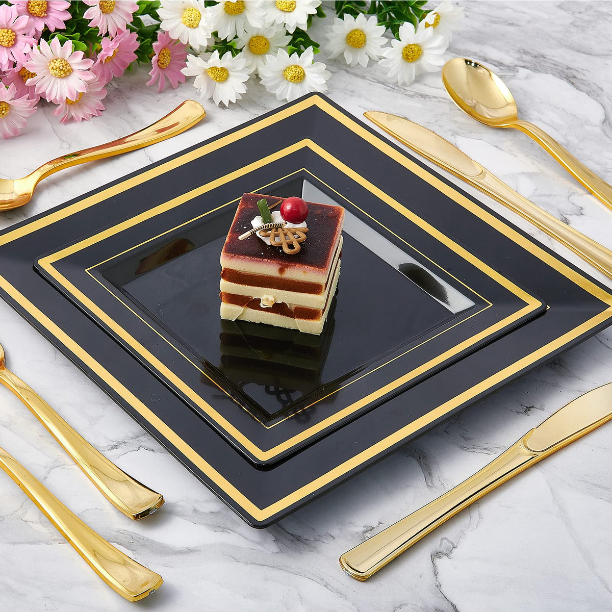 JOLLY CHEF 125 Count Square Black Gold Plastic Plates, Including 25 Disposable Dinner, 25 Dessert, 25 Knives, 25 Forks and 25 Spoons, Plastic Dinner Plates for Weddings and Parties