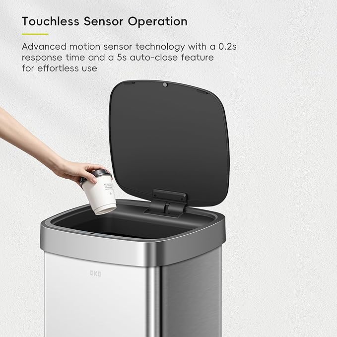 EKO EcoSmart Tall and Large Kitchen Trash Can, 80L/21.1G High Capacity, Touchless Soft Square Motion Sensor Garbage Can, Brushed Stainless Steel