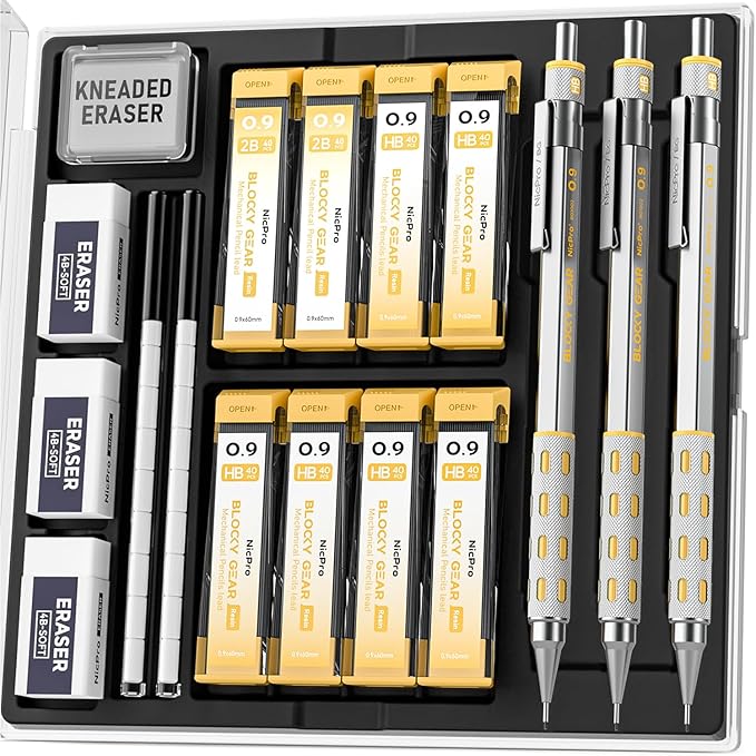 Nicpro Blocky Gear 0.9 mm Mechanical Pencils Set in Case, 3 Pack Metal Pencil 8 Tube with Lead Refills 0.9mm (HB 2B), 3 Erasers for Professional & Adult Art Writing Drafting Drawing