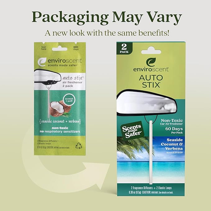 Enviroscent Non-Toxic Car Air Freshener | Natural Car Air Freshener | Essential Oil Diffuser | Car Scent Lasting Over 480 Days | 8 Packs of 2 Hanging Auto Stix (Seaside Coconut & Verbena)
